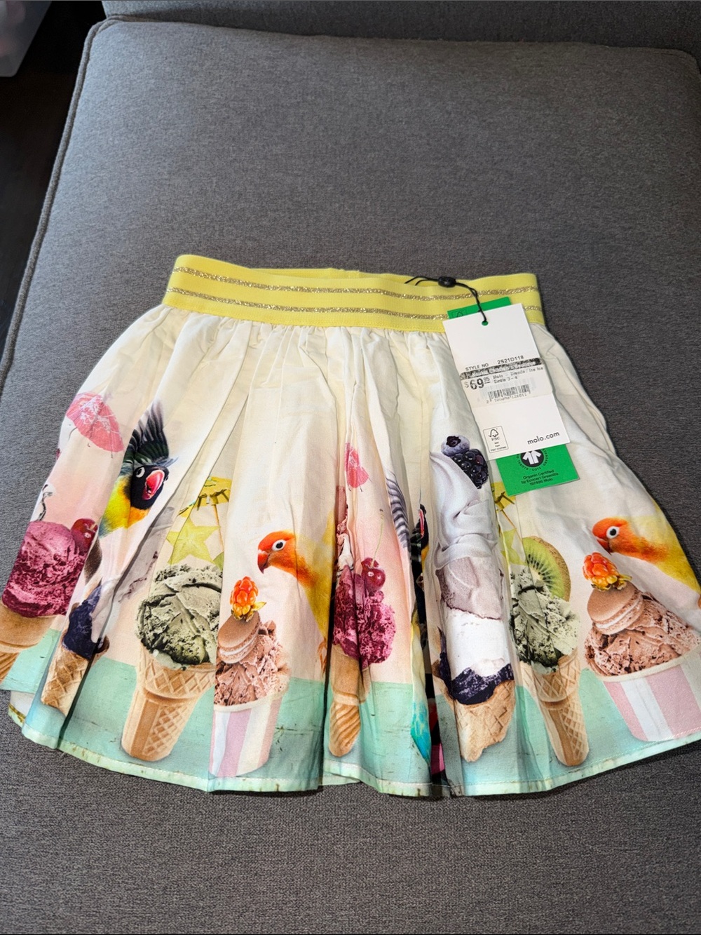 Molo White Skirt with Yellow Waistband and Colorful Ice Cream & Parrot Print